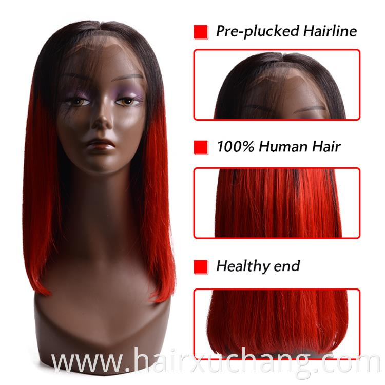 Best Quality Unprocessed Virgin Brazilian Hair Wigs Ombre Bob Wig Colour 1B/red Human Hair Lace Front Wig For Black Women